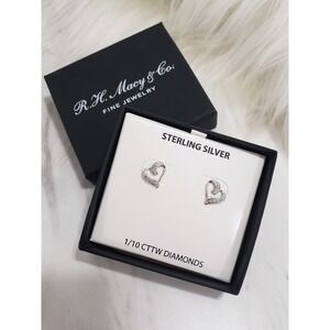 NEW R.H. Macy&Co Fine Jewelry HEART Diamond Earrings Sterling Silver 1/10 CTTW